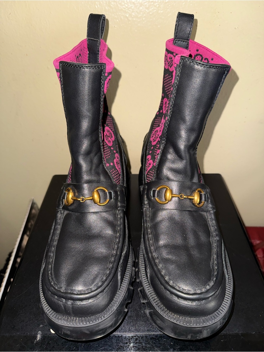 Gucci Black Leather Lace-Up Boots with Pink Knit Shaft